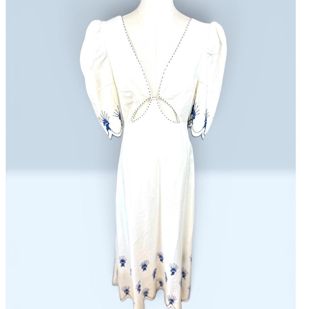 FARM Rio Sea of Fish Ankle Dress NWOT SZ Small Off-White Blue Embroidered Cutout - Picture 3 of 14